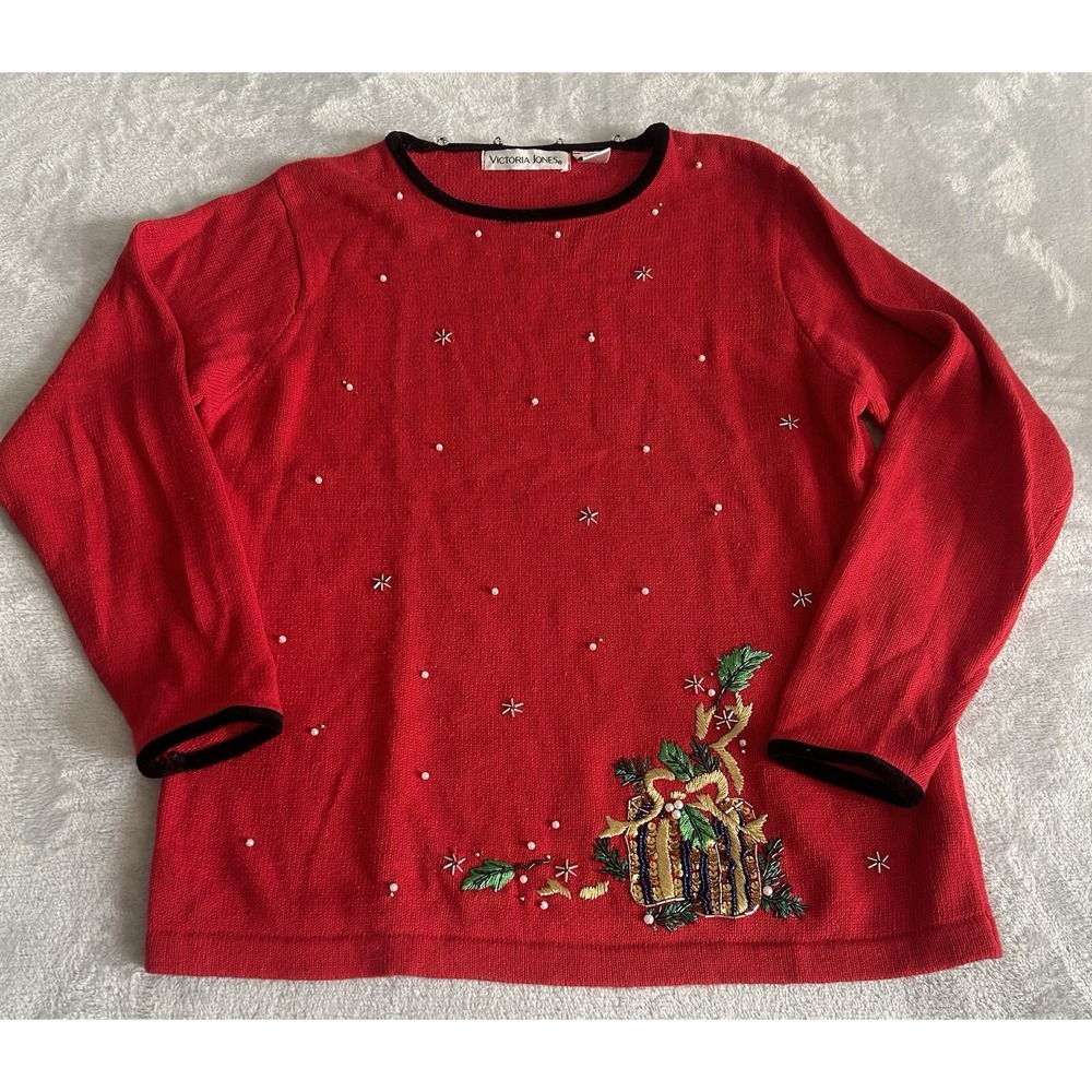 Vtg Victoria Jones Red Christmas Sweater M Beaded Embroidered Festive Scarf - Picture 6 of 14